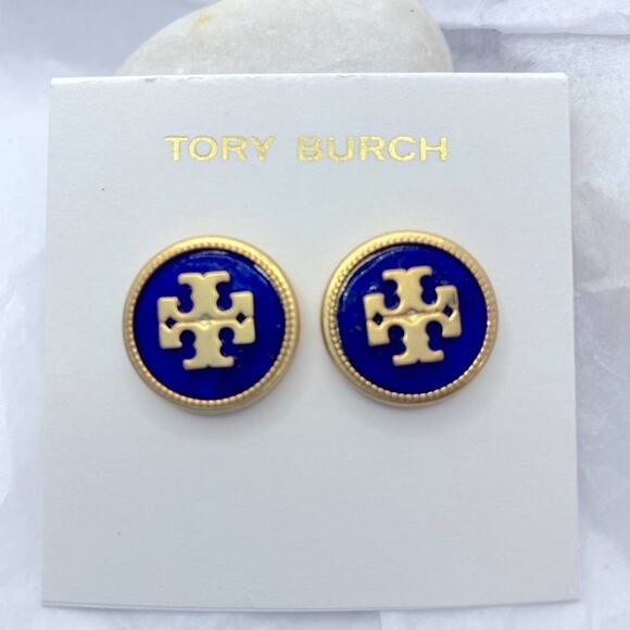 NWOT Tory Burch Gold Logo Dark Blue Medallion Stud Earrings - Picture 1 of 7